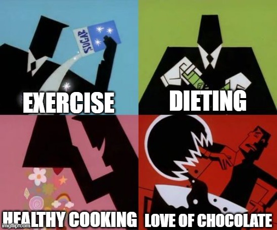 Chocolate | EXERCISE; DIETING; HEALTHY COOKING; LOVE OF CHOCOLATE | image tagged in powerpuff girls creation | made w/ Imgflip meme maker