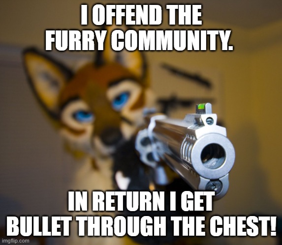 death | I OFFEND THE FURRY COMMUNITY. IN RETURN I GET BULLET THROUGH THE CHEST! | image tagged in furry with gun | made w/ Imgflip meme maker