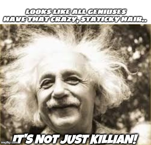 Einstein's HAIR | LOOKS LIKE ALL GENIUSES HAVE THAT CRAZY, STATICKY HAIR.. IT'S NOT JUST KILLIAN! | image tagged in einstein's hair | made w/ Imgflip meme maker