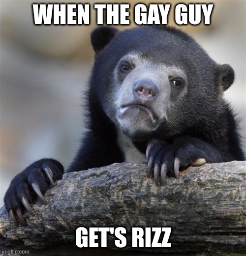 Bruh | WHEN THE GAY GUY; GET'S RIZZ | image tagged in memes,confession bear | made w/ Imgflip meme maker