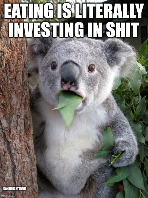 Eating and Shit | EATING IS LITERALLY INVESTING IN SHIT; @ANDIONSKYBRAIN | image tagged in memes,surprised koala,shit,food,eating,toilet humor | made w/ Imgflip meme maker