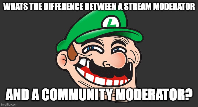 i wanna know | WHATS THE DIFFERENCE BETWEEN A STREAM MODERATOR; AND A COMMUNITY MODERATOR? | image tagged in luigi troll face | made w/ Imgflip meme maker