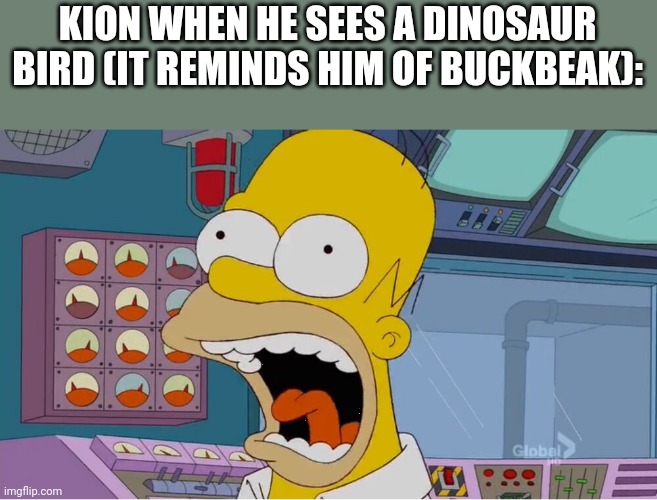 Homer screaming at the power plant | KION WHEN HE SEES A DINOSAUR BIRD (IT REMINDS HIM OF BUCKBEAK): | image tagged in homer screaming at the power plant | made w/ Imgflip meme maker