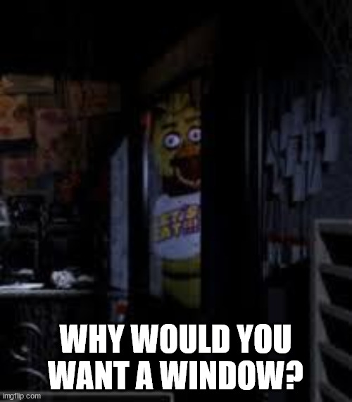 Chica Looking In Window FNAF | WHY WOULD YOU WANT A WINDOW? | image tagged in chica looking in window fnaf | made w/ Imgflip meme maker