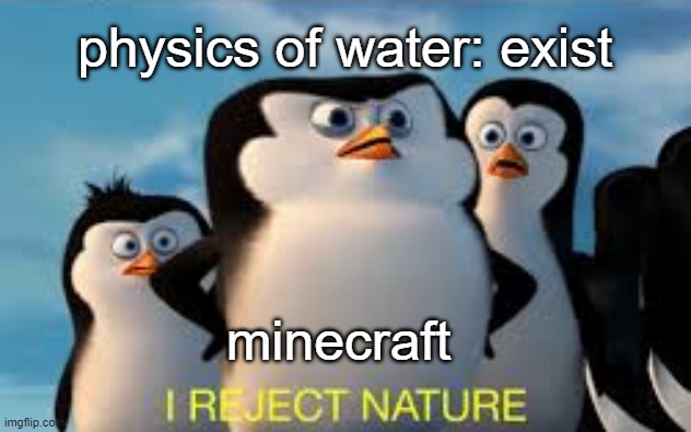 I world without laws (of nature) | physics of water: exist; minecraft | image tagged in i reject nature,minecraft,minecraft memes,water | made w/ Imgflip meme maker