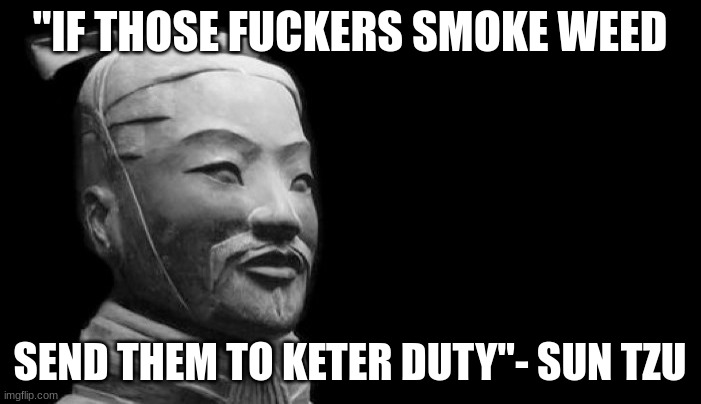 Sun Tzu | "IF THOSE FUCKERS SMOKE WEED SEND THEM TO KETER DUTY"- SUN TZU | image tagged in sun tzu | made w/ Imgflip meme maker