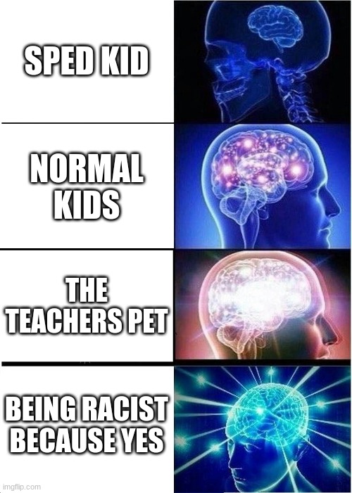 :) | SPED KID; NORMAL KIDS; THE TEACHERS PET; BEING RACIST BECAUSE YES | image tagged in memes,expanding brain | made w/ Imgflip meme maker