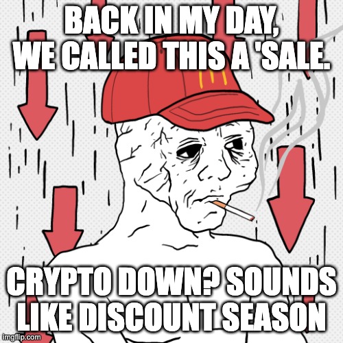 Crypto is down, no prob | BACK IN MY DAY, WE CALLED THIS A 'SALE. CRYPTO DOWN? SOUNDS LIKE DISCOUNT SEASON | image tagged in wojak crypto | made w/ Imgflip meme maker