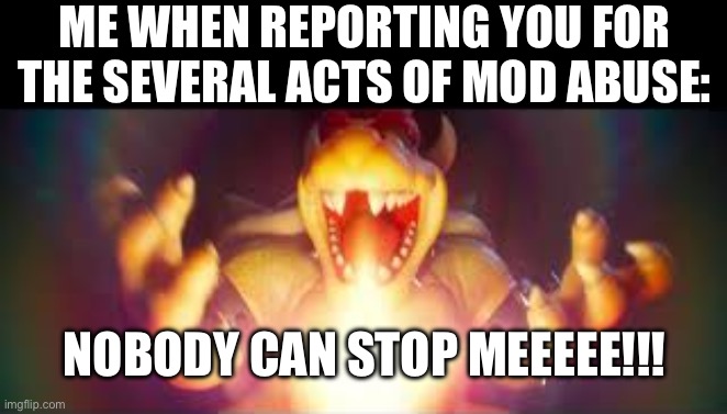 Now who's gonna stop me? | ME WHEN REPORTING YOU FOR THE SEVERAL ACTS OF MOD ABUSE: NOBODY CAN STOP MEEEEE!!! | image tagged in now who's gonna stop me | made w/ Imgflip meme maker