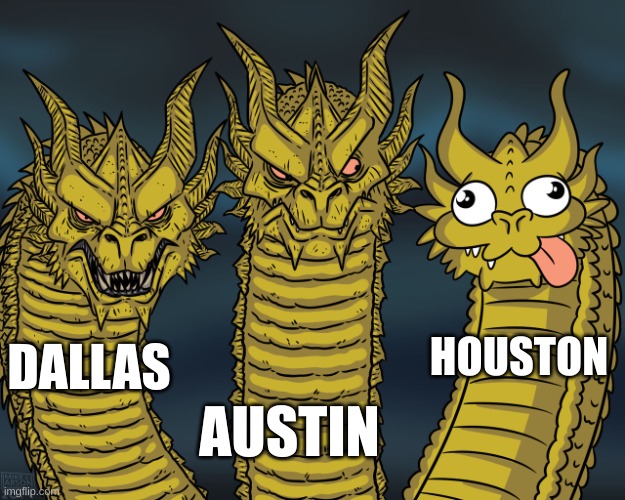 texas | DALLAS; HOUSTON; AUSTIN | image tagged in three dragons | made w/ Imgflip meme maker