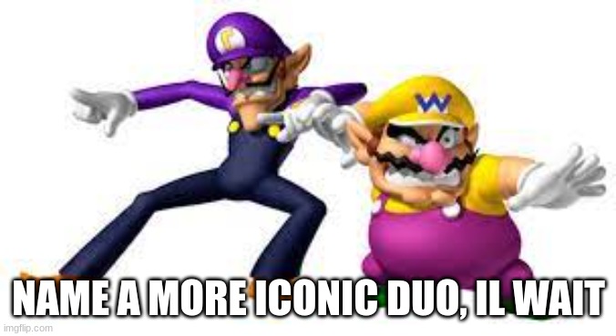 Name a more iconic duo | NAME A MORE ICONIC DUO, IL WAIT | image tagged in name a more iconic duo i'll wait,wario,waluigi | made w/ Imgflip meme maker