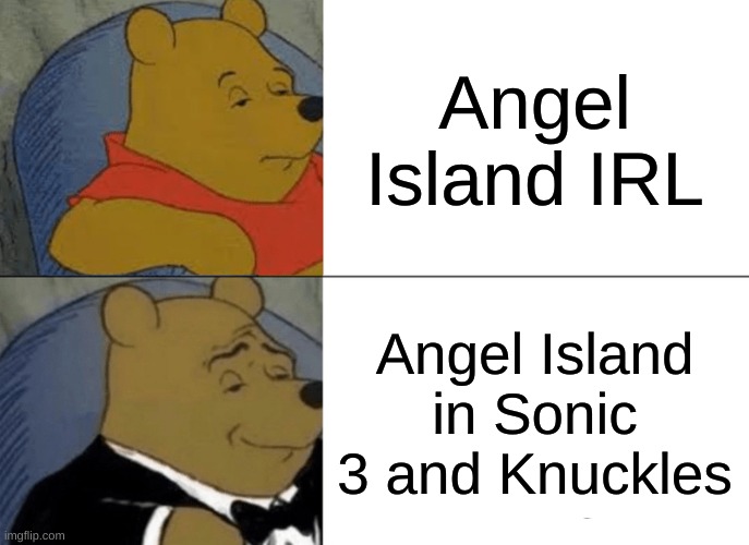 My meme | Angel Island IRL; Angel Island in Sonic 3 and Knuckles | image tagged in memes,tuxedo winnie the pooh | made w/ Imgflip meme maker