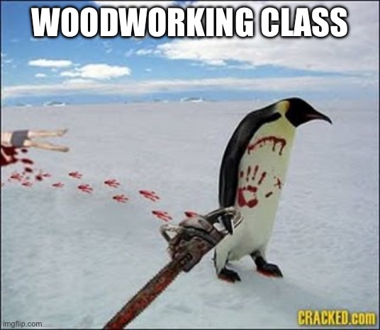 PENGUIN WIRH CHAIN SAW | WOODWORKING CLASS | image tagged in penguin wirh chain saw | made w/ Imgflip meme maker