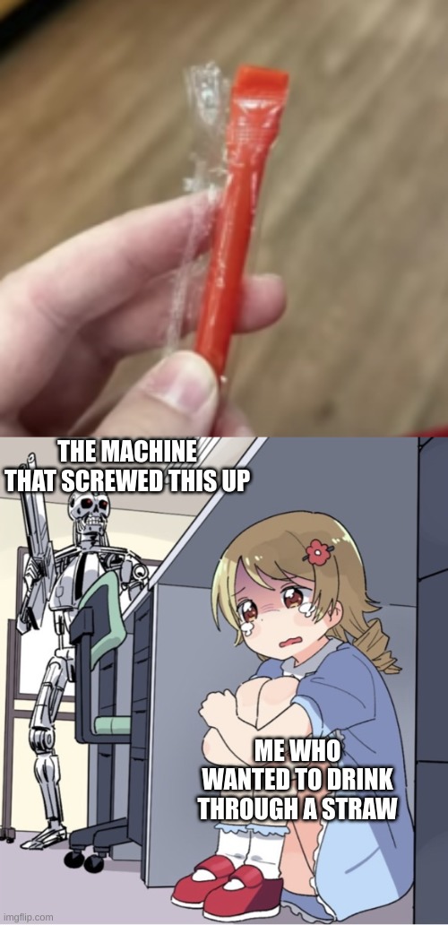 I just wanted a straw... | THE MACHINE THAT SCREWED THIS UP; ME WHO WANTED TO DRINK THROUGH A STRAW | image tagged in anime girl hiding from terminator,you had one job | made w/ Imgflip meme maker