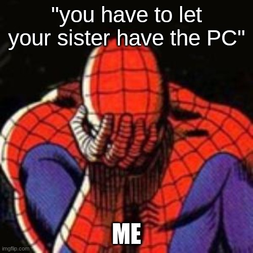 Sad Spiderman | "you have to let your sister have the PC"; ME | image tagged in memes,sad spiderman,spiderman | made w/ Imgflip meme maker