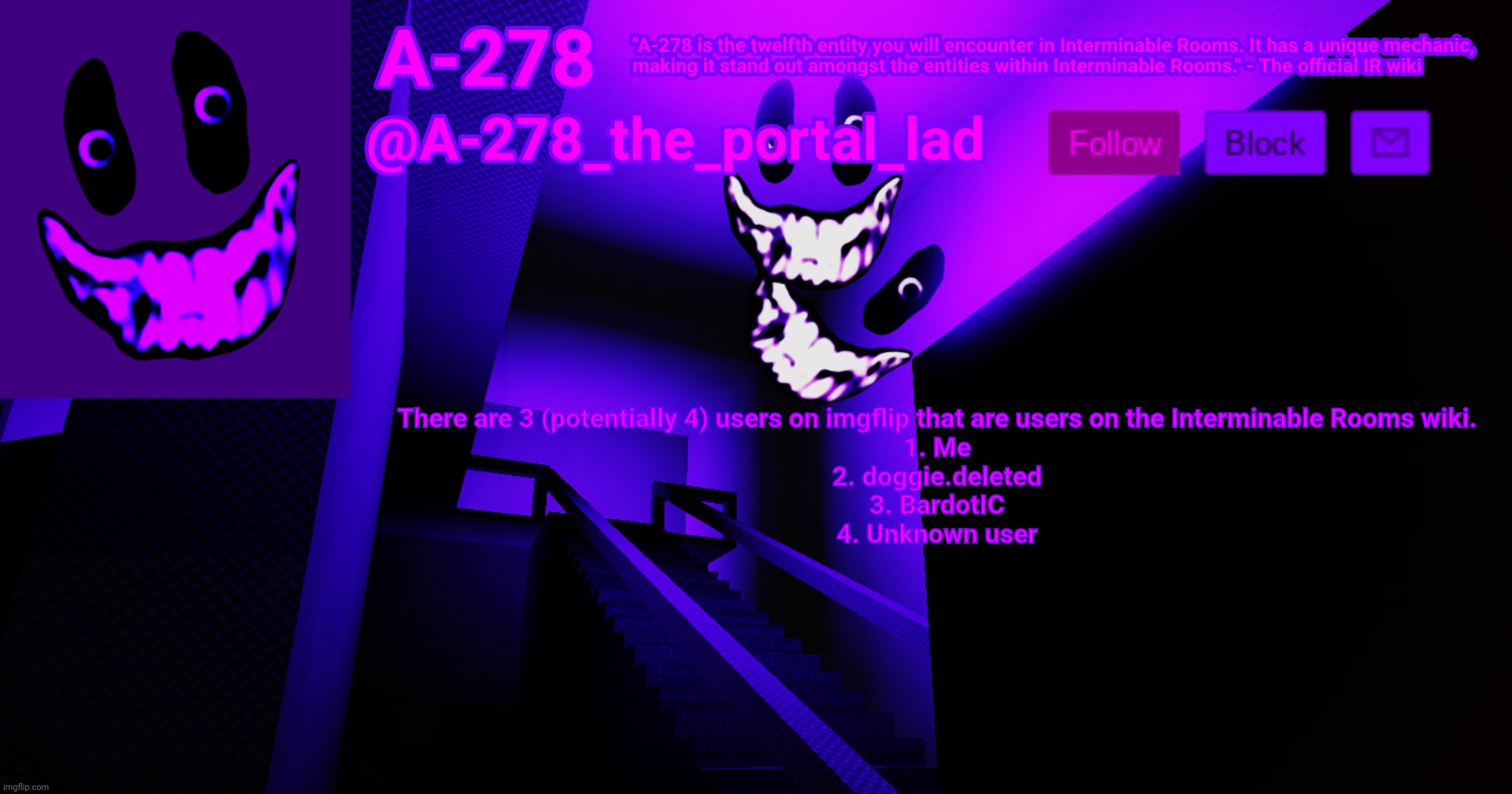 А-278's аnnоunсеmеnt | There are 3 (potentially 4) users on imgflip that are users on the Interminable Rooms wiki.
1. Me
2. doggie.deleted
3. BardotIC
4. Unknown user | made w/ Imgflip meme maker