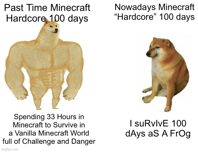 I miss those Vanilla 100 Days for Hardcore Minecraft Videos | Past Time Minecraft Hardcore 100 days; Nowadays Minecraft “Hardcore” 100 days; Spending 33 Hours in Minecraft to Survive in a Vanilla Minecraft World full of Challenge and Danger; I suRvIvE 100 dAys aS A FrOg | image tagged in memes,buff doge vs cheems | made w/ Imgflip meme maker