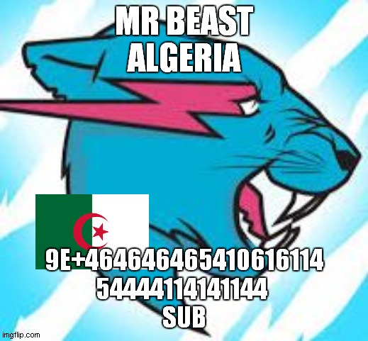 m.r beast algeria | MR BEAST
ALGERIA; 9E+464646465410616114
54444114141144 
SUB | image tagged in mr beast | made w/ Imgflip meme maker