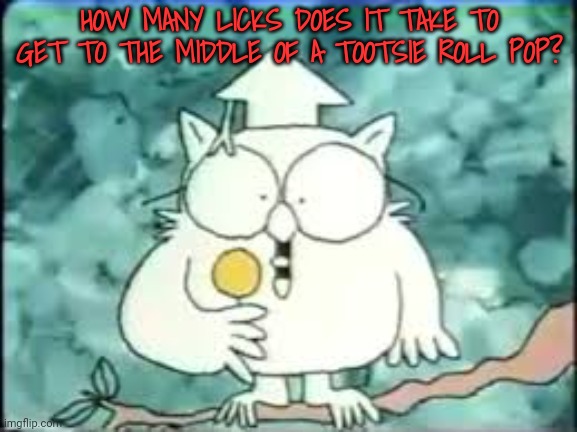 tootsie pop owl | HOW MANY LICKS DOES IT TAKE TO GET TO THE MIDDLE OF A TOOTSIE ROLL POP? | image tagged in tootsie pop owl | made w/ Imgflip meme maker