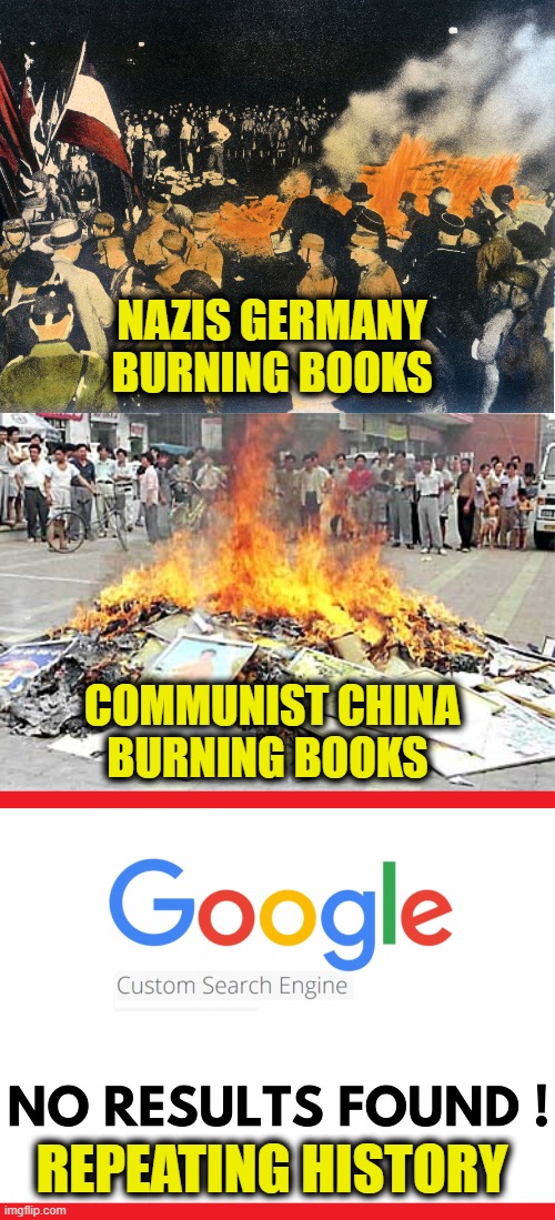 No Results Found | NAZIS GERMANY
BURNING BOOKS; COMMUNIST CHINA
BURNING BOOKS; REPEATING HISTORY | image tagged in misinformation | made w/ Imgflip meme maker