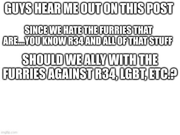 hear me out on this | GUYS HEAR ME OUT ON THIS POST; SINCE WE HATE THE FURRIES THAT ARE....YOU KNOW R34 AND ALL OF THAT STUFF; SHOULD WE ALLY WITH THE FURRIES AGAINST R34, LGBT, ETC.? | image tagged in question | made w/ Imgflip meme maker