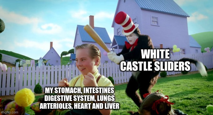 Cat in the hat with a bat. (______ Colorized) | WHITE CASTLE SLIDERS; MY STOMACH, INTESTINES DIGESTIVE SYSTEM, LUNGS ARTERIOLES, HEART AND LIVER | image tagged in cat in the hat with a bat ______ colorized,memes,bad luck brian,funny memes,one does not simply,distracted boyfriend | made w/ Imgflip meme maker