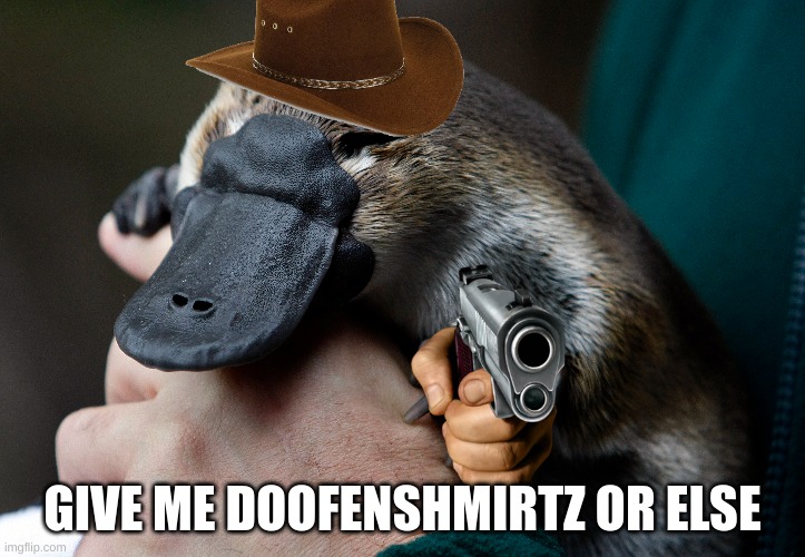 lol | GIVE ME DOOFENSHMIRTZ OR ELSE | image tagged in funny,perry the platypus | made w/ Imgflip meme maker