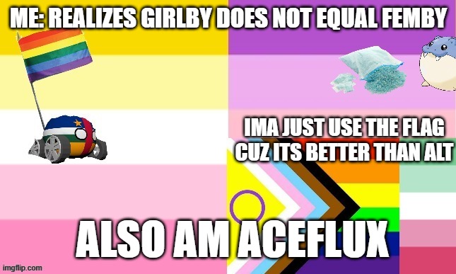 why did i not know this | ME: REALIZES GIRLBY DOES NOT EQUAL FEMBY; IMA JUST USE THE FLAG CUZ ITS BETTER THAN ALT; ALSO AM ACEFLUX | image tagged in agrii's announcement template v2 | made w/ Imgflip meme maker