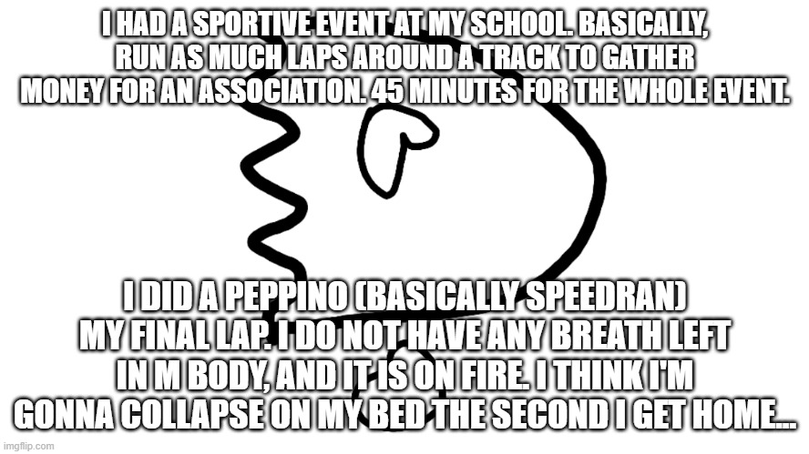 Dead twice | I HAD A SPORTIVE EVENT AT MY SCHOOL. BASICALLY, RUN AS MUCH LAPS AROUND A TRACK TO GATHER MONEY FOR AN ASSOCIATION. 45 MINUTES FOR THE WHOLE EVENT. I DID A PEPPINO (BASICALLY SPEEDRAN) MY FINAL LAP. I DO NOT HAVE ANY BREATH LEFT IN M BODY, AND IT IS ON FIRE. I THINK I'M GONNA COLLAPSE ON MY BED THE SECOND I GET HOME... | image tagged in dead twice | made w/ Imgflip meme maker