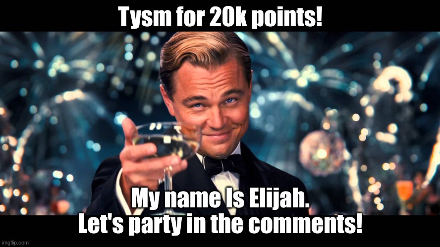 TYSM! | Tysm for 20k points! My name Is Elijah. Let's party in the comments! | image tagged in lionardo dicaprio thank you | made w/ Imgflip meme maker