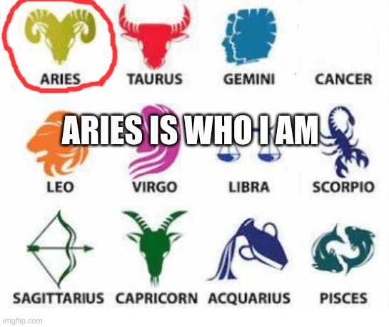 Zodiac Signs | ARIES IS WHO I AM | image tagged in zodiac signs | made w/ Imgflip meme maker
