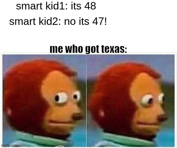 how did i even | smart kid1: its 48; smart kid2: no its 47! me who got texas: | image tagged in memes,monkey puppet | made w/ Imgflip meme maker