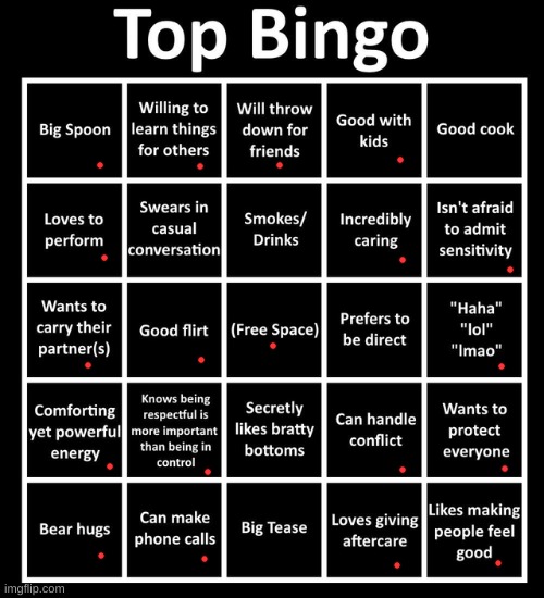 two or more upvotes and I will do the bottom bingo next lmao | image tagged in top bingo | made w/ Imgflip meme maker