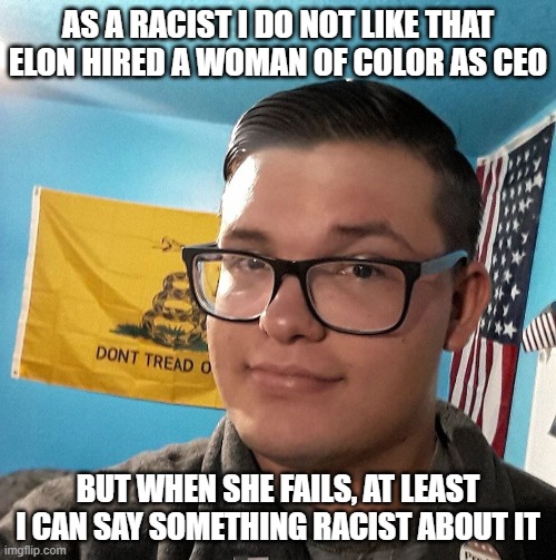 Oblivious White Supremacist | AS A RACIST I DO NOT LIKE THAT ELON HIRED A WOMAN OF COLOR AS CEO; BUT WHEN SHE FAILS, AT LEAST I CAN SAY SOMETHING RACIST ABOUT IT | image tagged in oblivious white supremacist | made w/ Imgflip meme maker