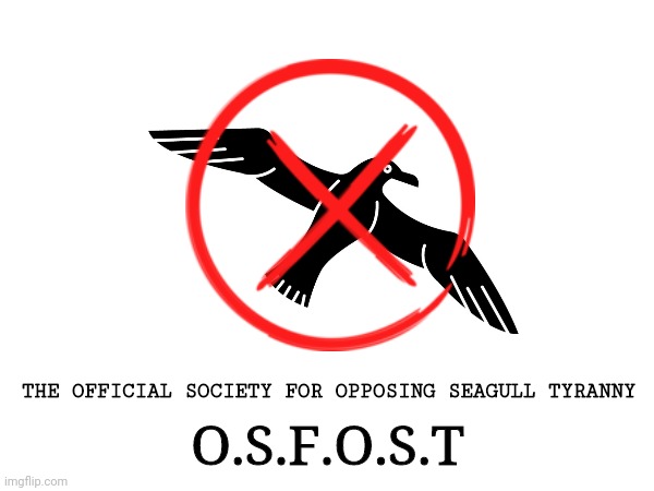 ANTI SEAGULL SOCIETY | O.S.F.O.S.T; THE OFFICIAL SOCIETY FOR OPPOSING SEAGULL TYRANNY | image tagged in seagulls,memes,flag,organization,protest | made w/ Imgflip meme maker