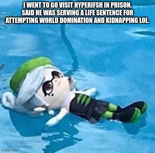 Hope he's doing well in there. | I WENT TO GO VISIT HYPERIFSH IN PRISON. SAID HE WAS SERVING A LIFE SENTENCE FOR ATTEMPTING WORLD DOMINATION AND KIDNAPPING LOL. | image tagged in marie swimming,splatoon,memes | made w/ Imgflip meme maker