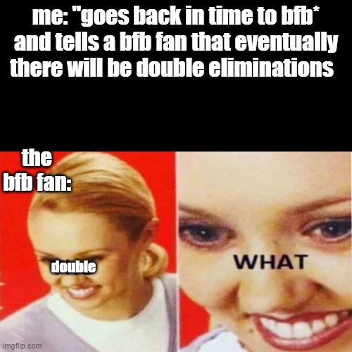idk what to make i had a pretty busy day yesterday | me: "goes back in time to bfb* and tells a bfb fan that eventually there will be double eliminations; the bfb fan:; double | image tagged in the what | made w/ Imgflip meme maker