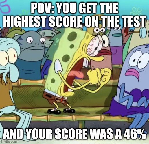 I got *almost* no brain cells | POV: YOU GET THE HIGHEST SCORE ON THE TEST; AND YOUR SCORE WAS A 46% | image tagged in spongebob yelling | made w/ Imgflip meme maker