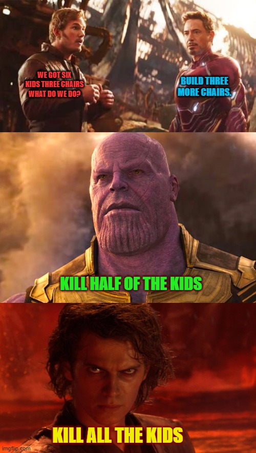 Kill them all | BUILD THREE MORE CHAIRS. WE GOT SIX KIDS THREE CHAIRS WHAT DO WE DO? KILL HALF OF THE KIDS; KILL ALL THE KIDS | image tagged in thanos,starlord,ironman,vadar | made w/ Imgflip meme maker