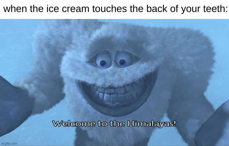 ow | when the ice cream touches the back of your teeth: | image tagged in welcome to the himalayas | made w/ Imgflip meme maker