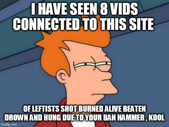 Futurama Fry | I HAVE SEEN 8 VIDS CONNECTED TO THIS SITE; OF LEFTISTS SHOT BURNED ALIVE BEATEN DROWN AND HUNG DUE TO YOUR BAN HAMMER , KOOL | image tagged in memes,futurama fry | made w/ Imgflip meme maker