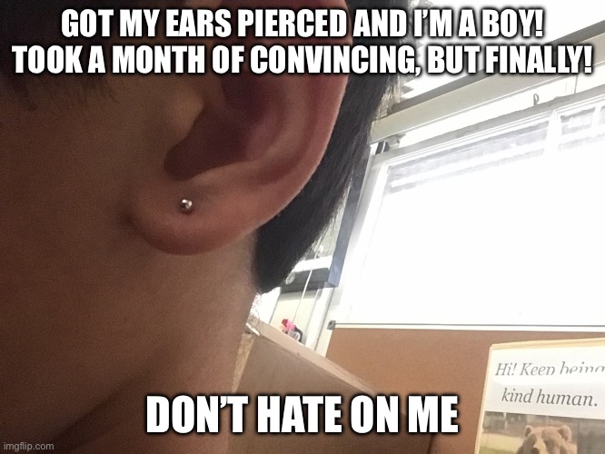 Don’t hate on me | GOT MY EARS PIERCED AND I’M A BOY! TOOK A MONTH OF CONVINCING, BUT FINALLY! DON’T HATE ON ME | image tagged in fun | made w/ Imgflip meme maker