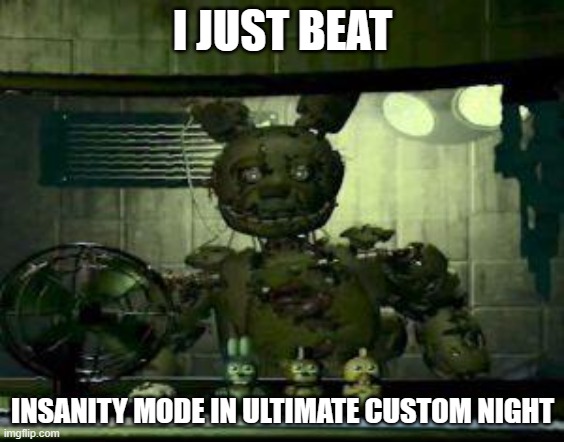 *me running from the building because they all want to kill me* | I JUST BEAT; INSANITY MODE IN ULTIMATE CUSTOM NIGHT | image tagged in fnaf springtrap in window | made w/ Imgflip meme maker
