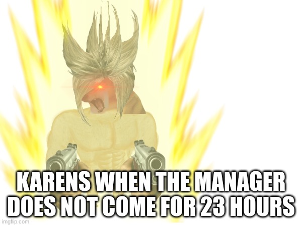 karen doggo 5 (final) | KARENS WHEN THE MANAGER DOES NOT COME FOR 23 HOURS | image tagged in karen god | made w/ Imgflip meme maker