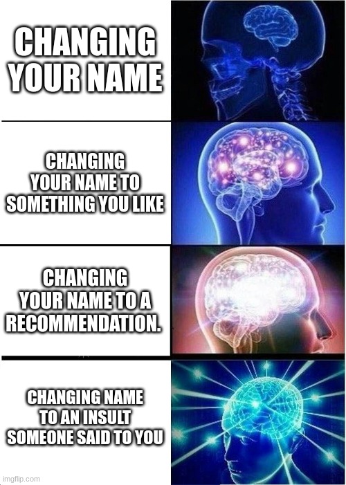 I Did It | CHANGING YOUR NAME; CHANGING YOUR NAME TO SOMETHING YOU LIKE; CHANGING YOUR NAME TO A RECOMMENDATION. CHANGING NAME TO AN INSULT SOMEONE SAID TO YOU | image tagged in memes,expanding brain | made w/ Imgflip meme maker