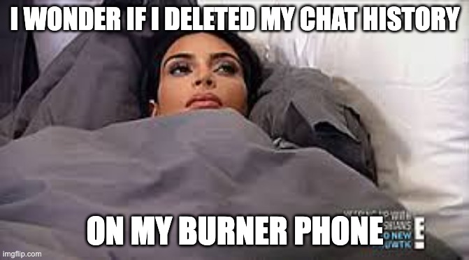 Delete | I WONDER IF I DELETED MY CHAT HISTORY; ON MY BURNER PHONE | image tagged in kim kardashian in bed | made w/ Imgflip meme maker