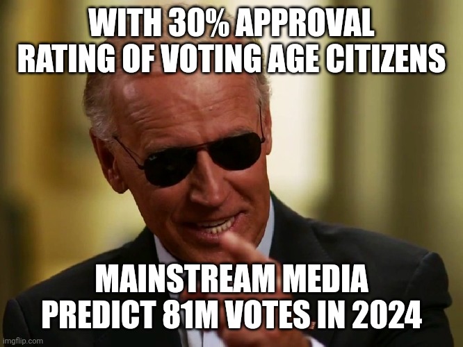 ...and you think you live In a democracy | WITH 30% APPROVAL RATING OF VOTING AGE CITIZENS; MAINSTREAM MEDIA PREDICT 81M VOTES IN 2024 | image tagged in cool joe biden | made w/ Imgflip meme maker