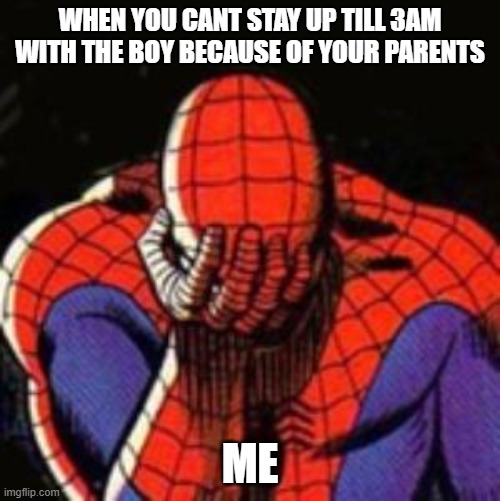 Sad Spiderman | WHEN YOU CANT STAY UP TILL 3AM WITH THE BOY BECAUSE OF YOUR PARENTS; ME | image tagged in memes,sad spiderman,spiderman | made w/ Imgflip meme maker