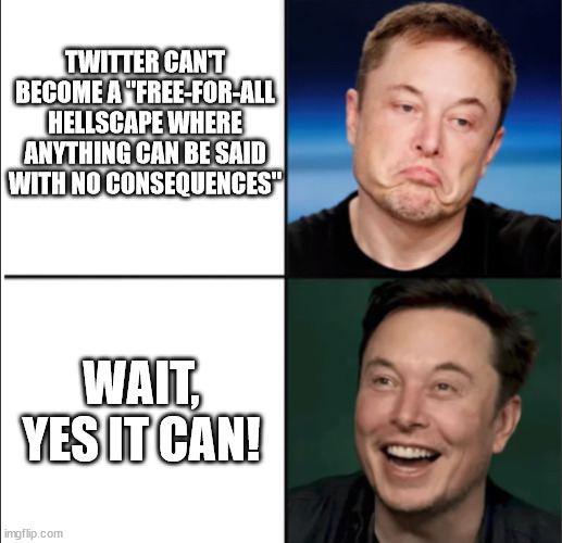 Twitter Hellscape | TWITTER CAN'T BECOME A "FREE-FOR-ALL HELLSCAPE WHERE ANYTHING CAN BE SAID WITH NO CONSEQUENCES"; WAIT, YES IT CAN! | image tagged in elon approves,elon musk,twitter | made w/ Imgflip meme maker