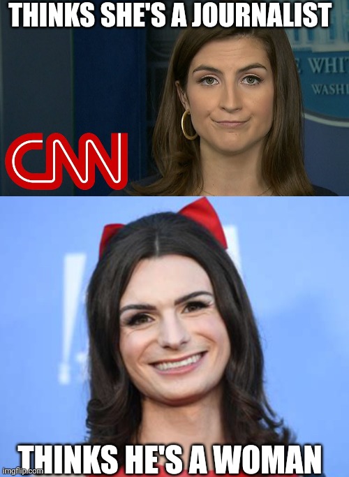 Seperated at birth? | THINKS SHE'S A JOURNALIST; THINKS HE'S A WOMAN | image tagged in kaitan collins cnn fakenews,dylan mulvaney | made w/ Imgflip meme maker